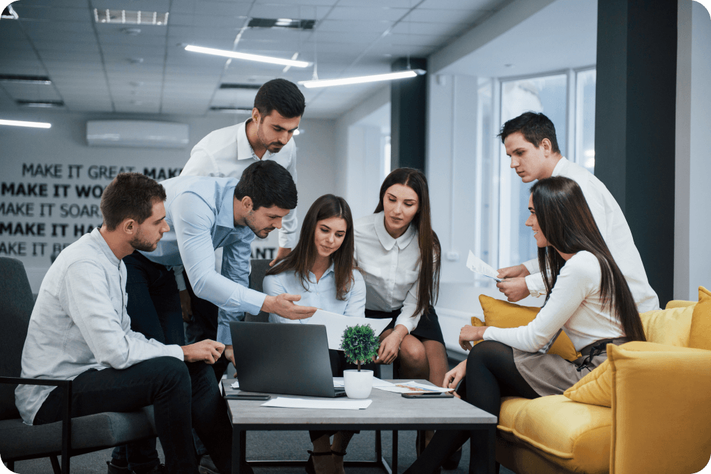 Team collaborating in an open office